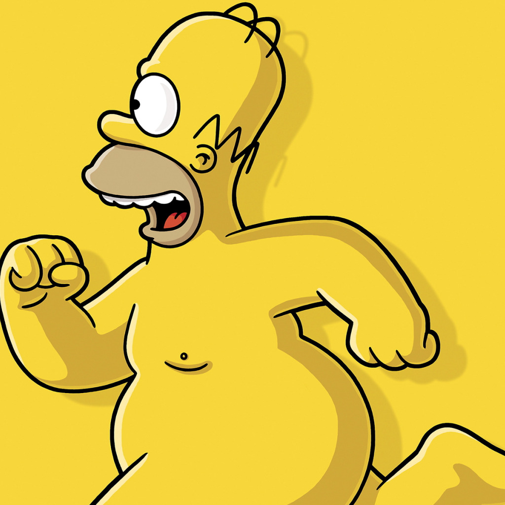 yellow, running, Homer, naked, Simpson. 