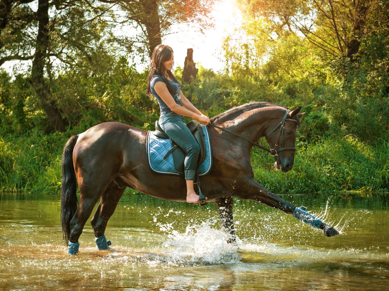 water, girl, the sun, trees, squirt, nature, horse, horse, jeans, Mike, rid...