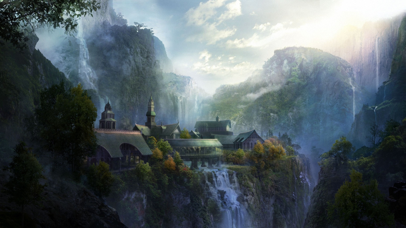 Download wallpaper landscape, mountains, the city, art, The Lord of the  Rings, Rivendell, section fantasy in resolution 1366x768