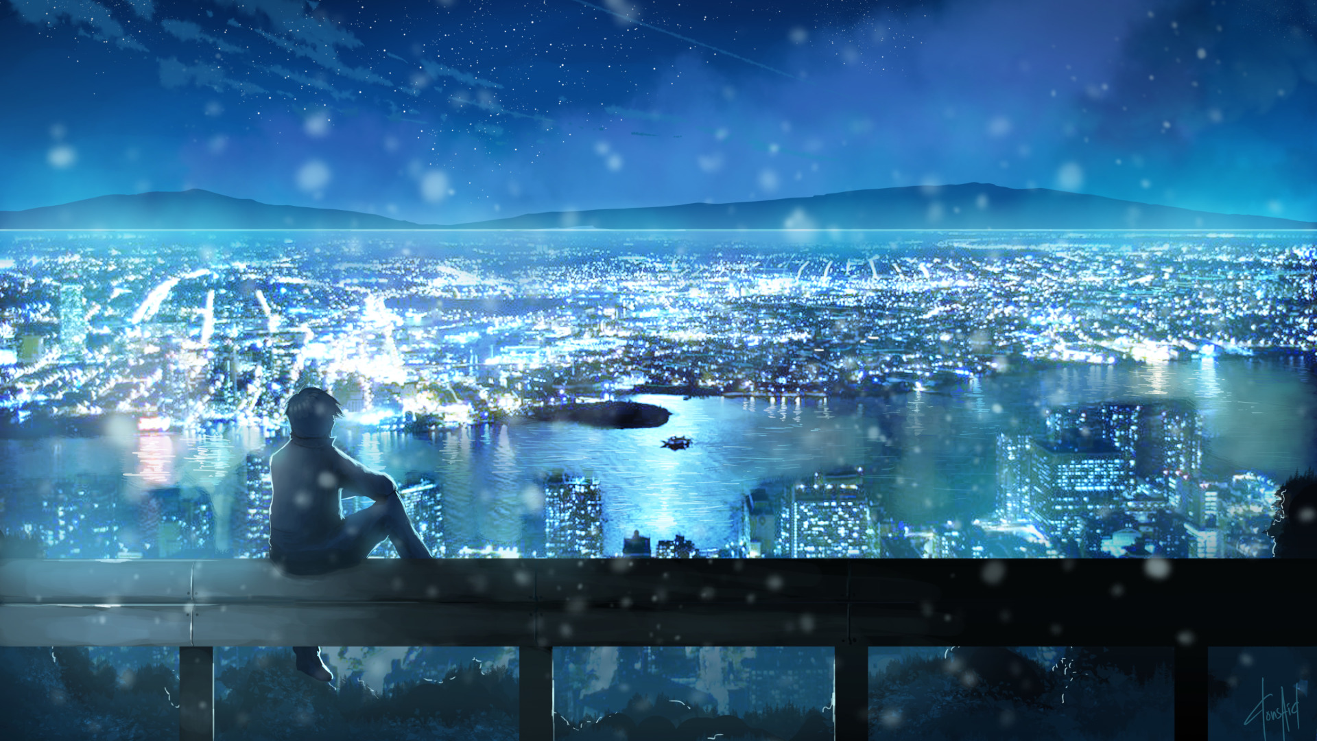 Download wallpaper the sky, stars, clouds, landscape, night, the city,  lights, anime, art, guy, dias mardianto, donsaid, section shonen in  resolution 1920x1080