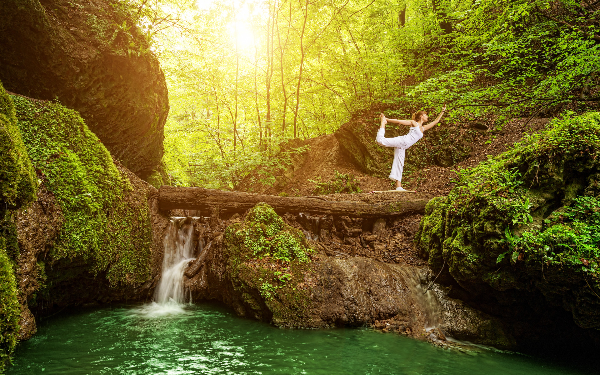 forest, girl, trees, pose, waterfall, moss, Mike, yoga, in white, pants, na...
