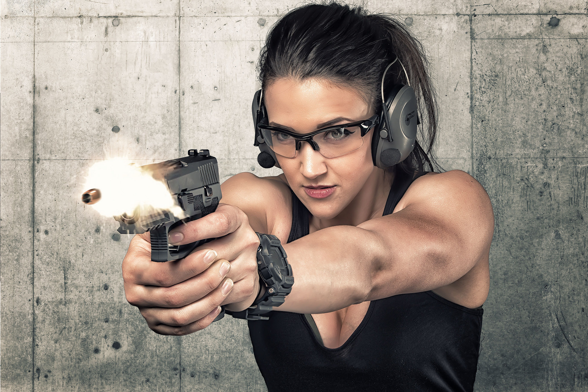 Download wallpaper face, gun, weapons, background, shot, bullet, headphones...