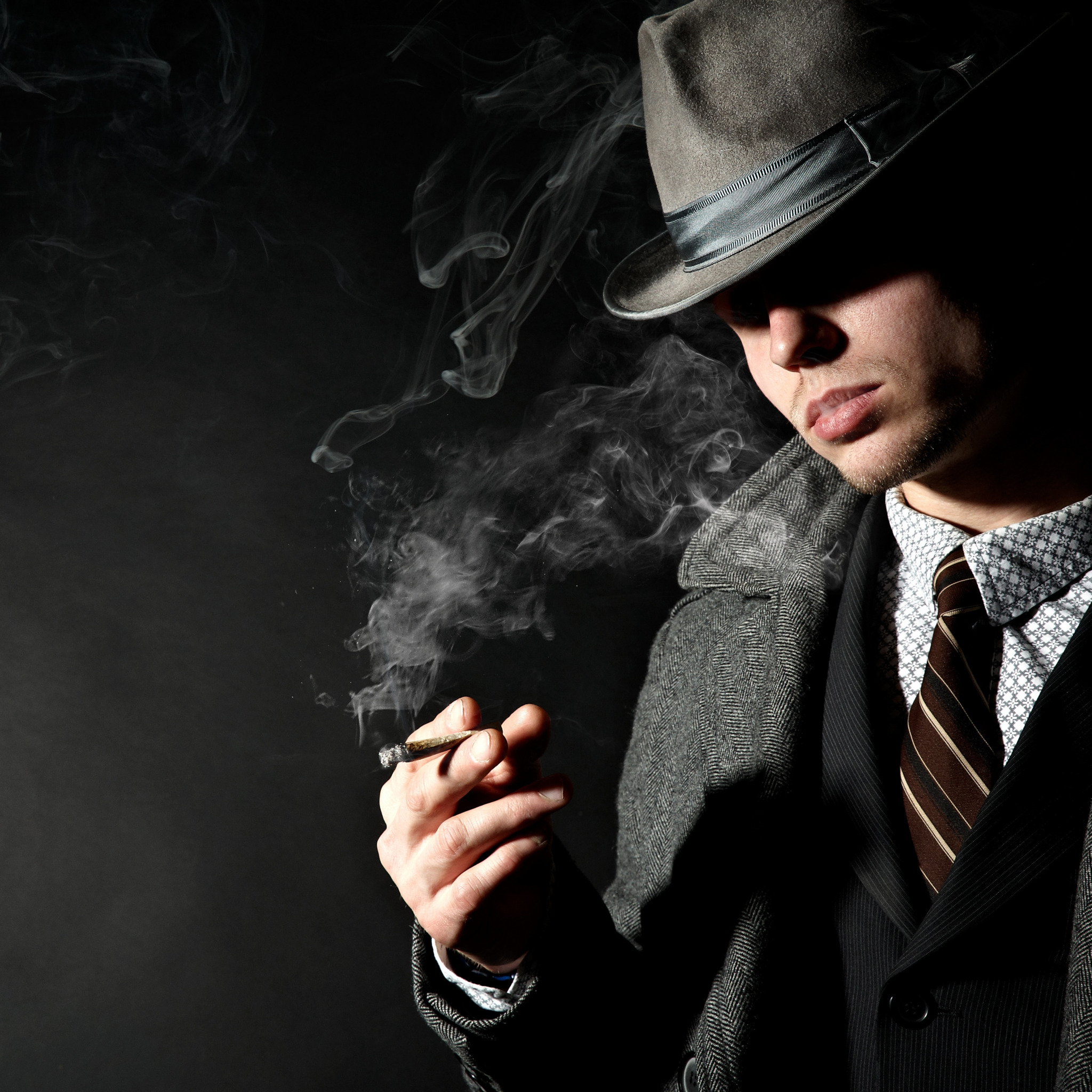 Download wallpaper smoke, shadow, hat, cigarette, costume, male, jacket, co...