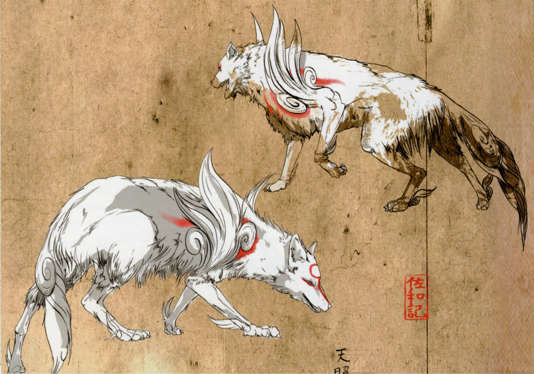 Download wallpaper figure, wolf, grey background, deity, Okami, Amaterasu, ...
