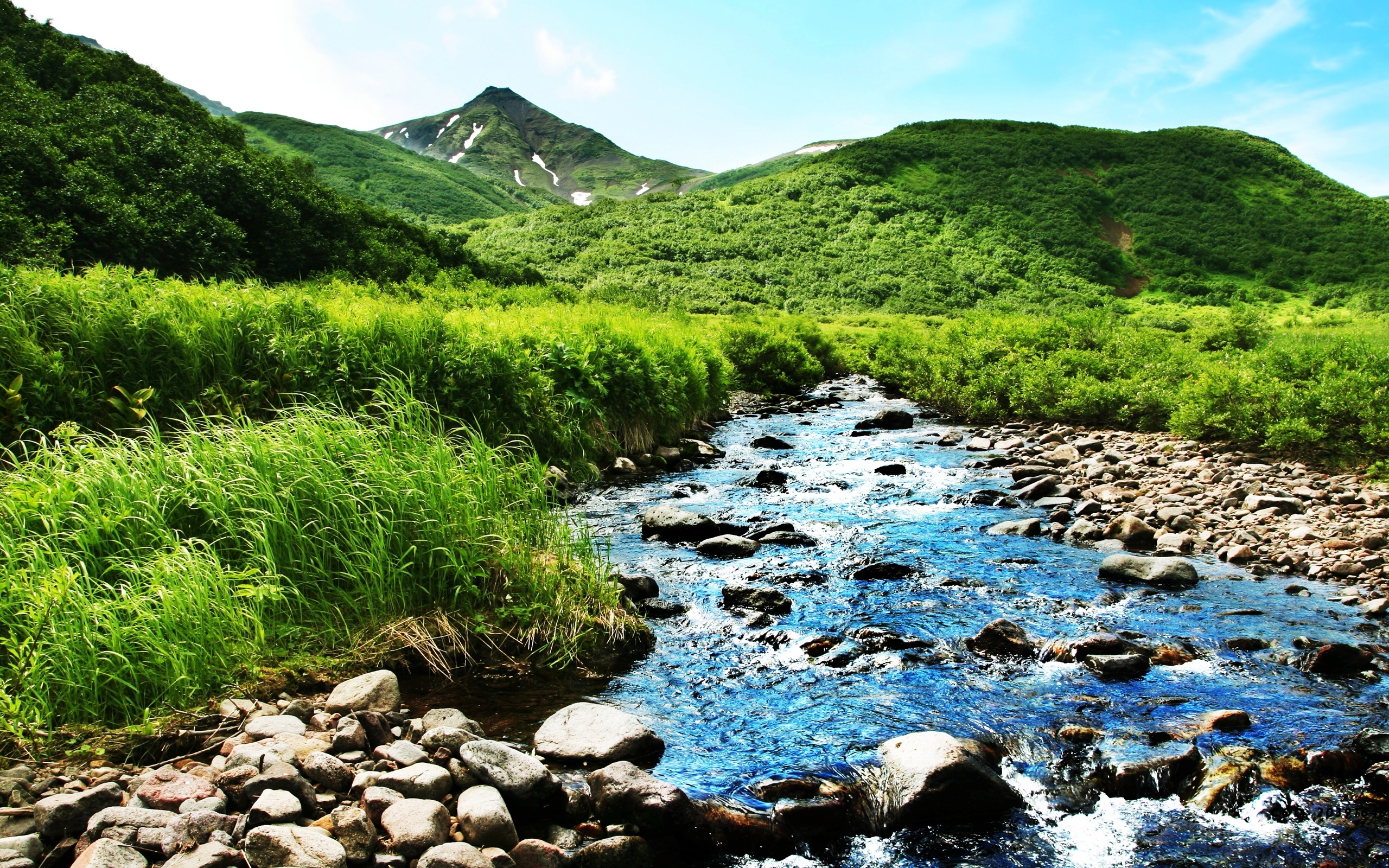 Download wallpaper greens, summer, mountains, nature, river, stream
