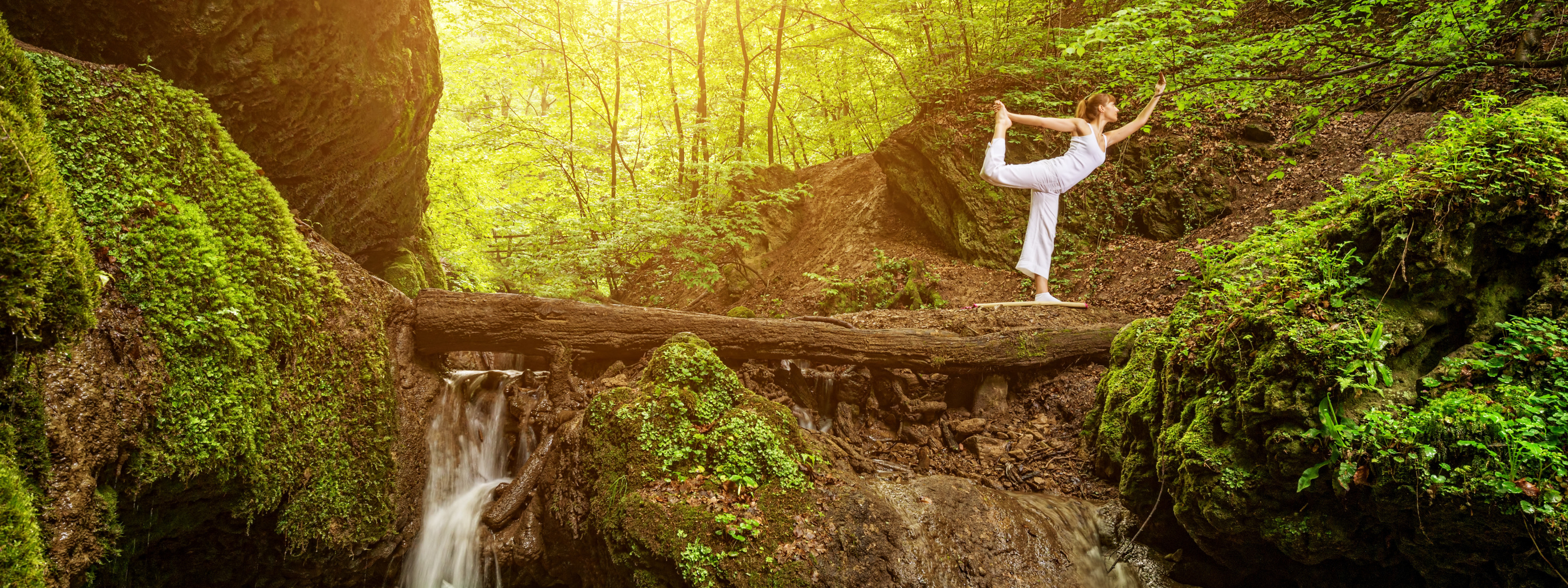 forest, girl, trees, pose, waterfall, moss, Mike, yoga, in white, pants, na...