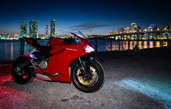 Picture red, the city, lights, motorcycle, red, twilight, ducati, Ducati, 899