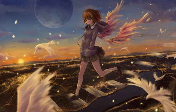 Picture the sky, girl, clouds, sunset, birds, the city, lights, smile, magic, the moon, wings, anime, …