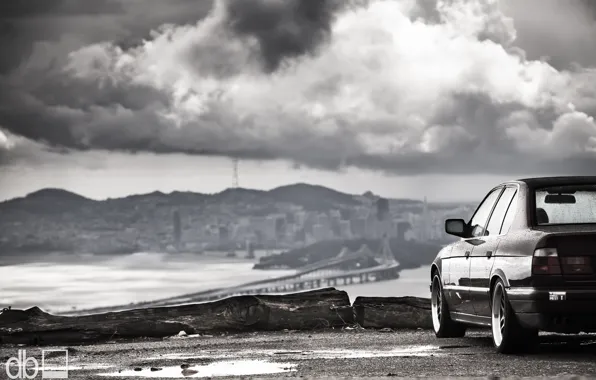 Picture landscape, mountains, clouds, lights, tuning, BMW, classic, stance, 525, bmw e34