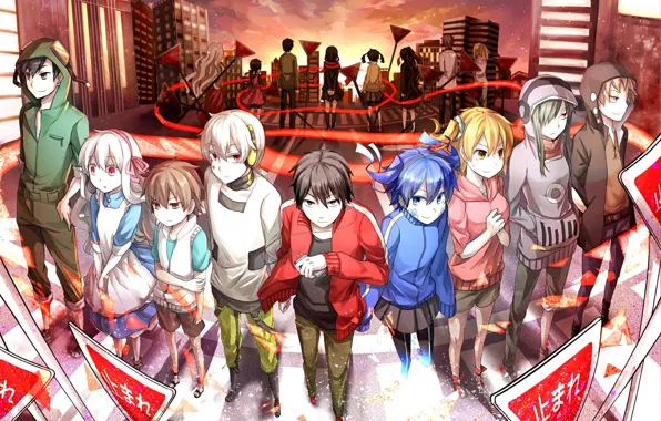 Picture sunset, the city, girls, home, anime, headphones, signs, art, player, guys, konoha, kagerou project, ayano …