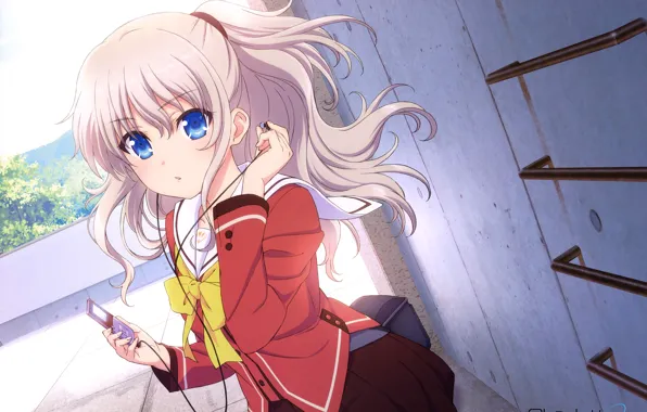 Picture girl, music, wall, headphones, player, form, bow, charlotte, tomori nao
