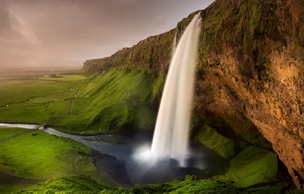 Picture greens, rocks, waterfall, trail, river, the bridge, Iceland, Seljalandsfoss waterfall