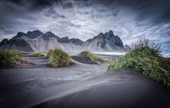 Picture the sky, grass, mountains, Iceland, Vestrahorn, Stockksness, black sand