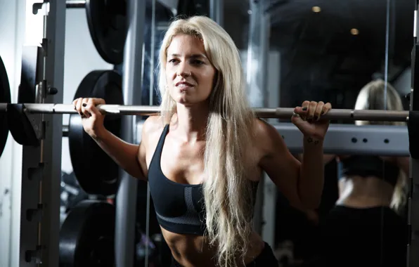 Picture woman, blonde, fitness, weight lifting, weight bar