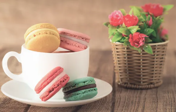 Picture coffee, colorful, cookies, dessert, flowers, cup, sweet, coffee, dessert, cookies, macaron, macaron, almond