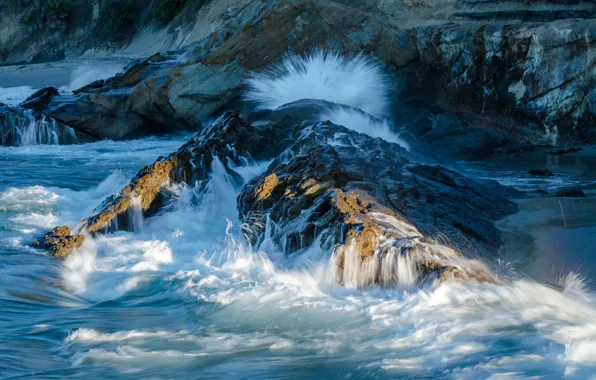 Picture sea, foam, squirt, stones, rocks, shore, CA, surf, USA