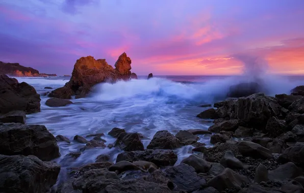 Picture wave, sunset, stones, the ocean, rocks, CA, Pacific Ocean, California, The Pacific ocean, Corona del …