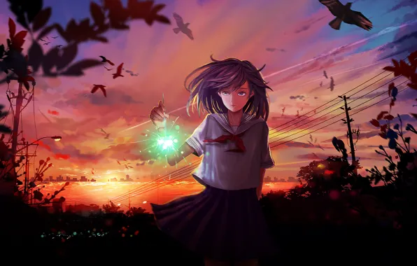 Picture the sky, girl, clouds, sunset, birds, the city, wire, anime, art, form, schoolgirl, sparklers, mikan