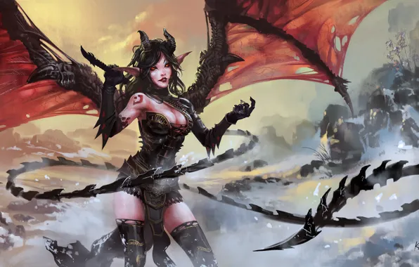 Picture snow, Girl, wings, the demon, tail, horns