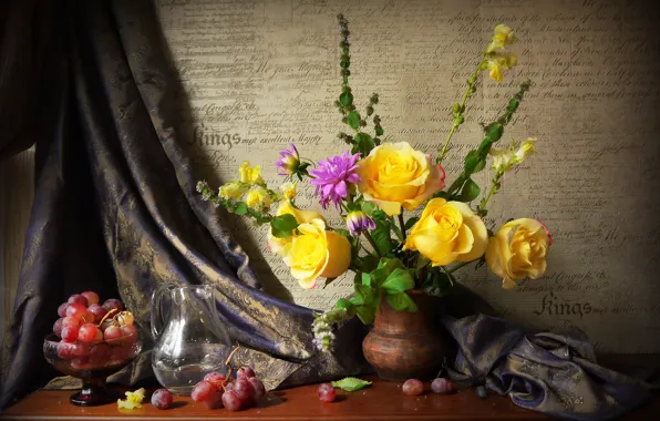 Picture photo, Flowers, Vase, Roses, Grapes, Still life, Pitcher