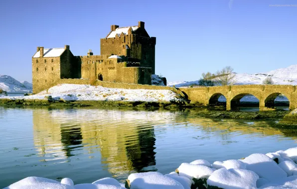 Picture winter, the sky, snow, bridge, river, castle