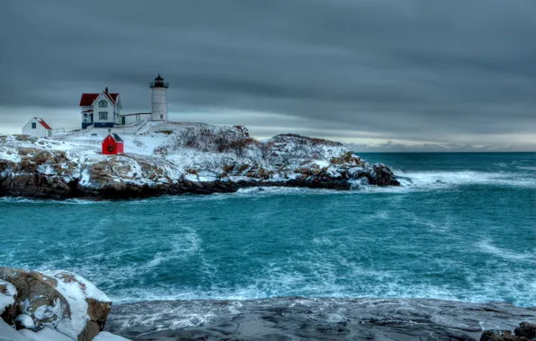 Picture winter, sea, the sky, clouds, stones, lighthouse, buildings, rocky shore