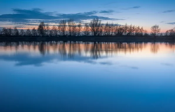 Picture the sky, water, clouds, sunset, lake, surface, reflection, blue, silence, the evening, Trees, a number