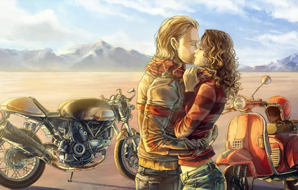 Picture girl, mountains, figure, hugs, motorcycle, guy, art, scooter, by c85, Can't stop lovin' you