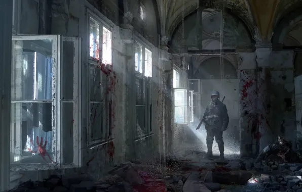 Picture blood, Windows, corridor, soldiers, destruction, gas mask