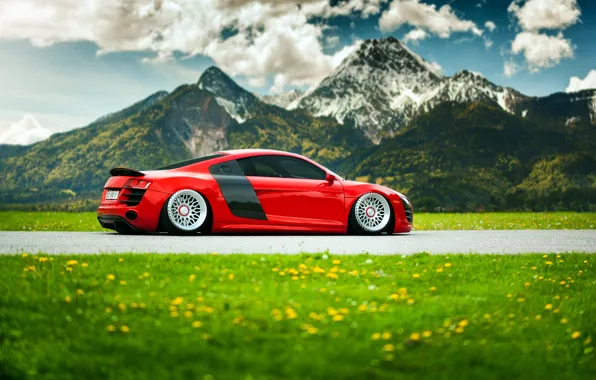 Picture grass, flowers, mountains, Audi, red, landing, suspension, stancenation