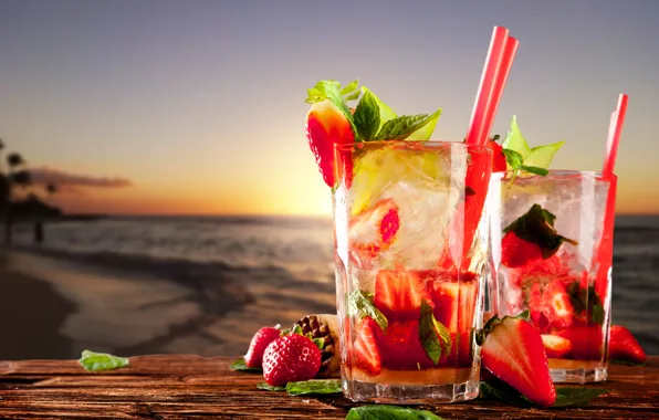 Picture sea, beach, strawberry, drinks, beach, sea, strawberry, drinks, cocktails, mint leaves, cocktails strawberry, mint leaves