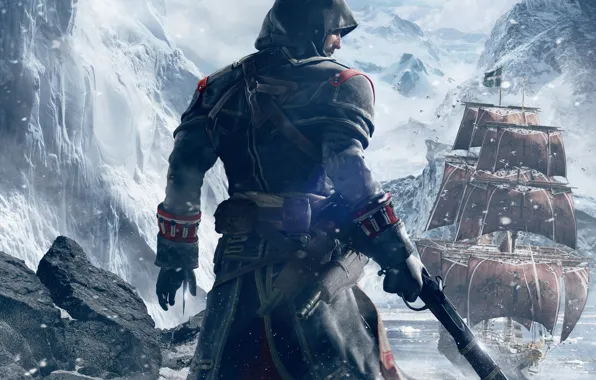 Picture snow, mountains, weapons, back, ship, ice, hood, Templar, sails, killer, Ubisoft, blade, pistol, Shay Patrick …