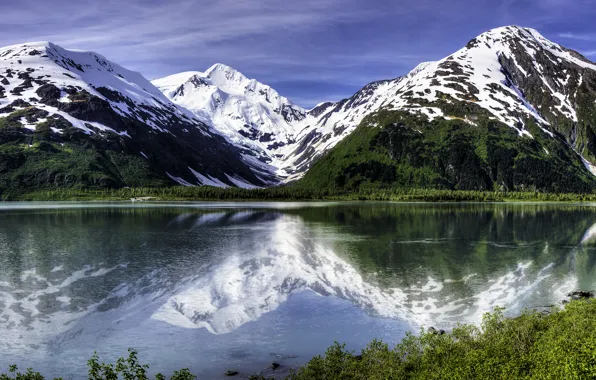 Picture mountains, lake, reflection, Alaska, Alaska, Portage Lake, glacier Portage, lake Portage, Portage Glacier
