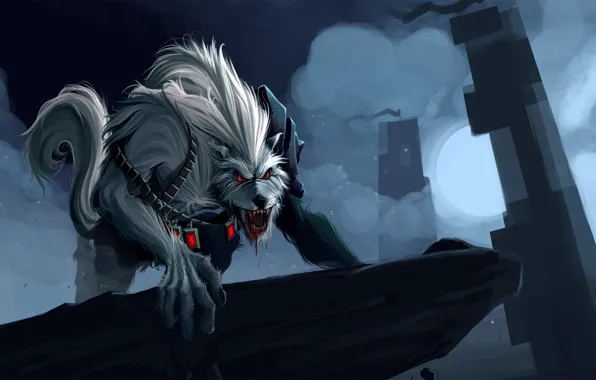 Picture rock, the moon, blood, wolf, art, mouth, league of legends, warwick