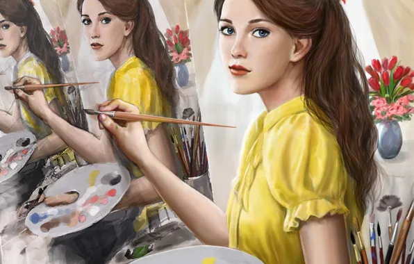Picture look, girl, paint, hair, picture, art, painting, brush, bow, artist