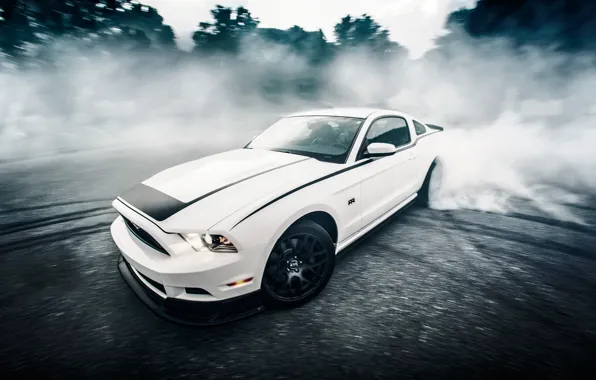 Picture road, car, forest, white, asphalt, speed, mustang, sports car, sportcar, ford, rtr