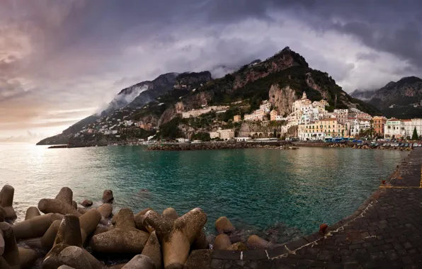 Picture sea, the sky, mountains, background, Wallpaper, building, home, Italy, Coast, wallpapers, italy, Amalfi, Amalfi Coast