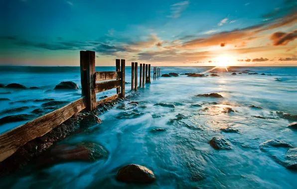 Picture sea, beach, sunrise, stones