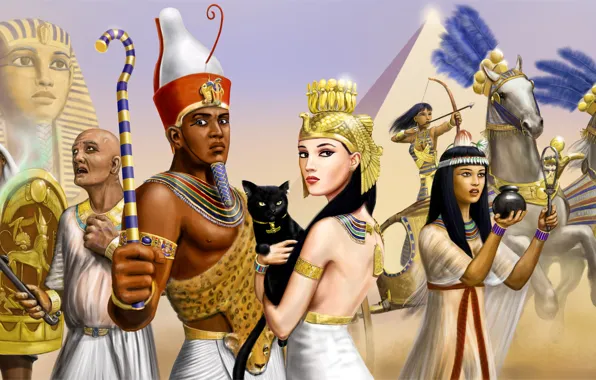 Picture cat, girls, horses, chariot, warrior, art, pyramid, Pharaoh, guys, Egypt, Sphinx, priest