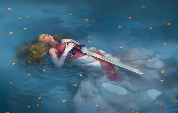 Picture water, girl, lake, petals, art, Legend of Zelda, lying. sword