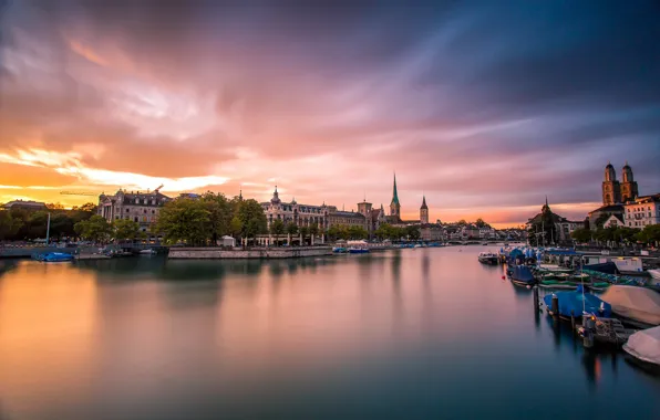 Picture sunset, bridge, the city, river, boats, the evening, Switzerland, Switzerland, Zurich, Zurich, Switzerland, Zurich
