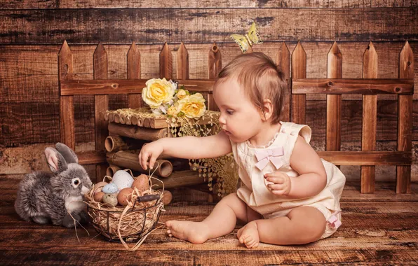 Picture flowers, holiday, basket, toy, Board, the fence, roses, eggs, rabbit, Easter, girl, child