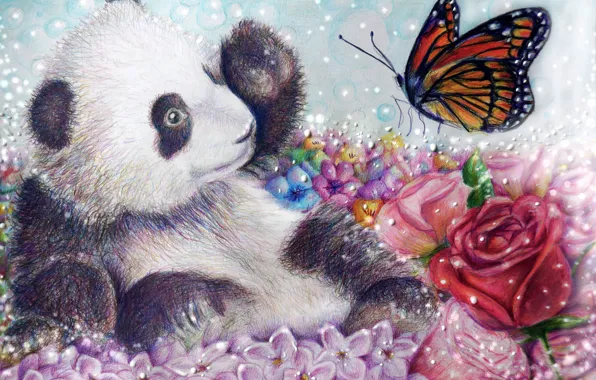 Picture flowers, butterfly, rose, bear, art, Panda