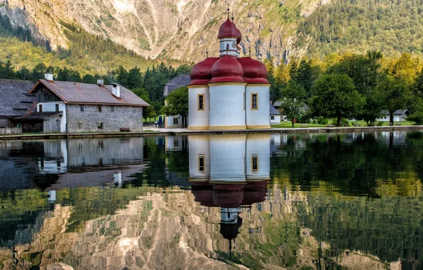 Picture lake, reflection, Germany, Bayern, Germany, Bavaria, The Church Of St. Bartholomew, St Bartholomae, Am Konigssee, …