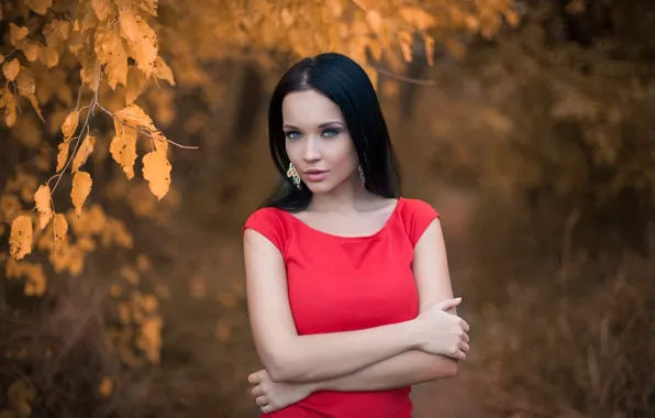 Picture autumn, look, leaves, girl, face, red, portrait, earrings, dress, brunette, touch, beautiful, the beauty, gesture, …