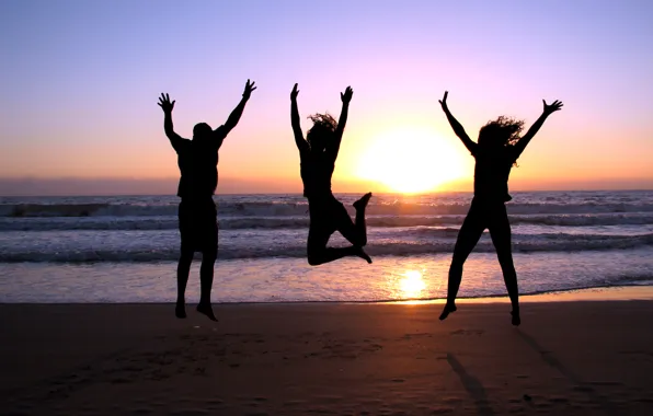 Picture sea, beach, joy, sunset, girls, jump, shore, guy, three