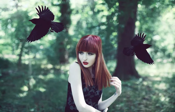 Picture girl, birds, crows, redhead
