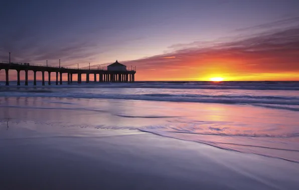 Picture beach, the sky, the sun, clouds, bridge, sunrise, the ocean, dawn, shore, morning, pierce, USA