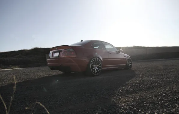 Picture red, bmw, BMW, shadow, red, drives, gravel, rear view, e46