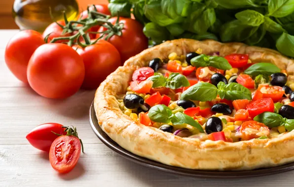 Picture corn, pepper, pizza, tomatoes, olives, spices, tomatoes, Fast food, pepper, Basil, olives, Pizza